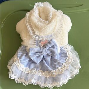 Elegant Blue and White Dog Dress Fleece Lined Lace W/Faux Pearls Worn Once Small